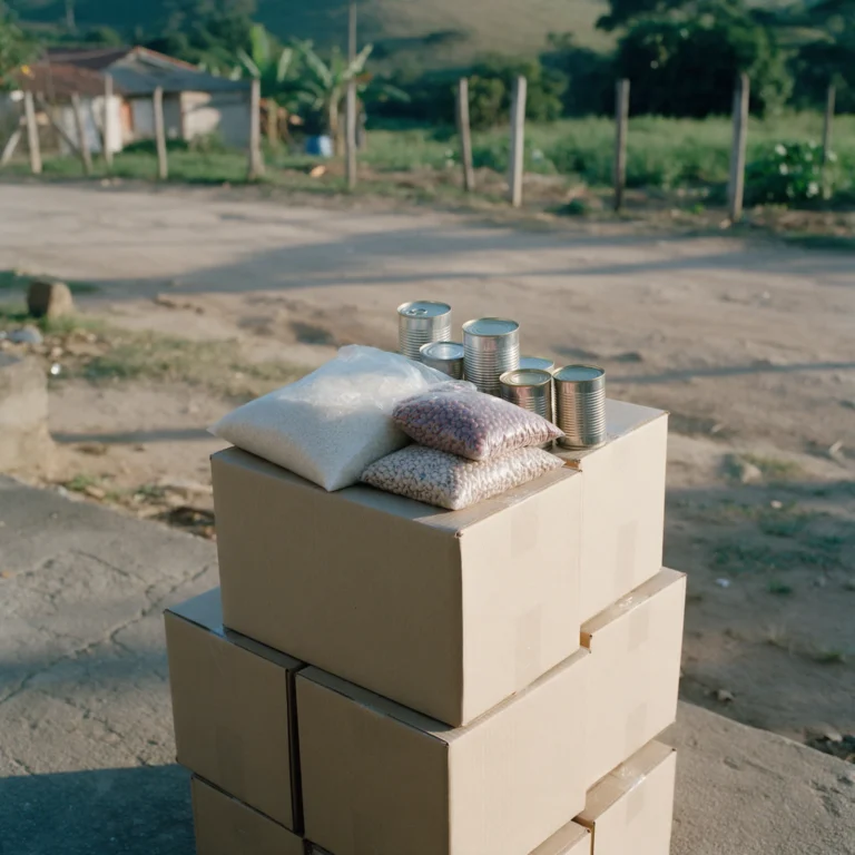 Caixas de papelão com doações empilhadas