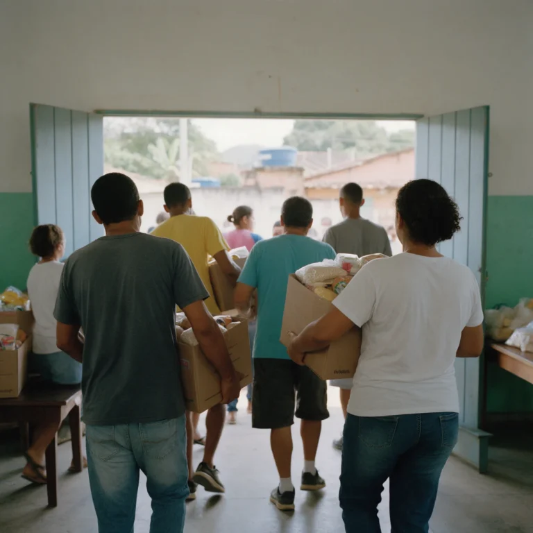 Voluntários de costas carregando caixas de alimentos