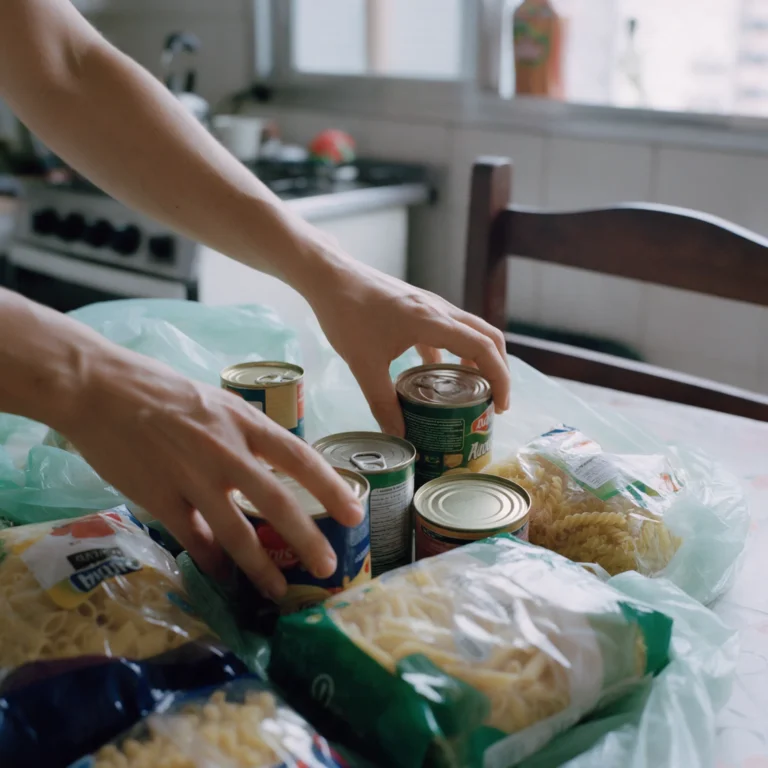 Mãos separando alimentos enlatados sobre uma mesa