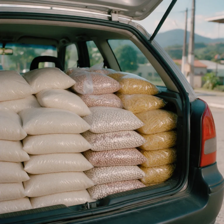 Sacos de alimentos empilhados no porta-malas de um carro