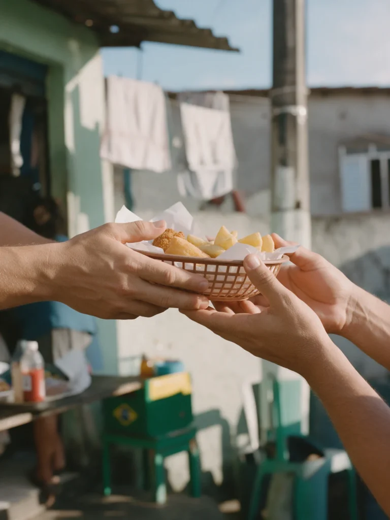 Mãos entregando uma cesta de alimentos para outras mãos
