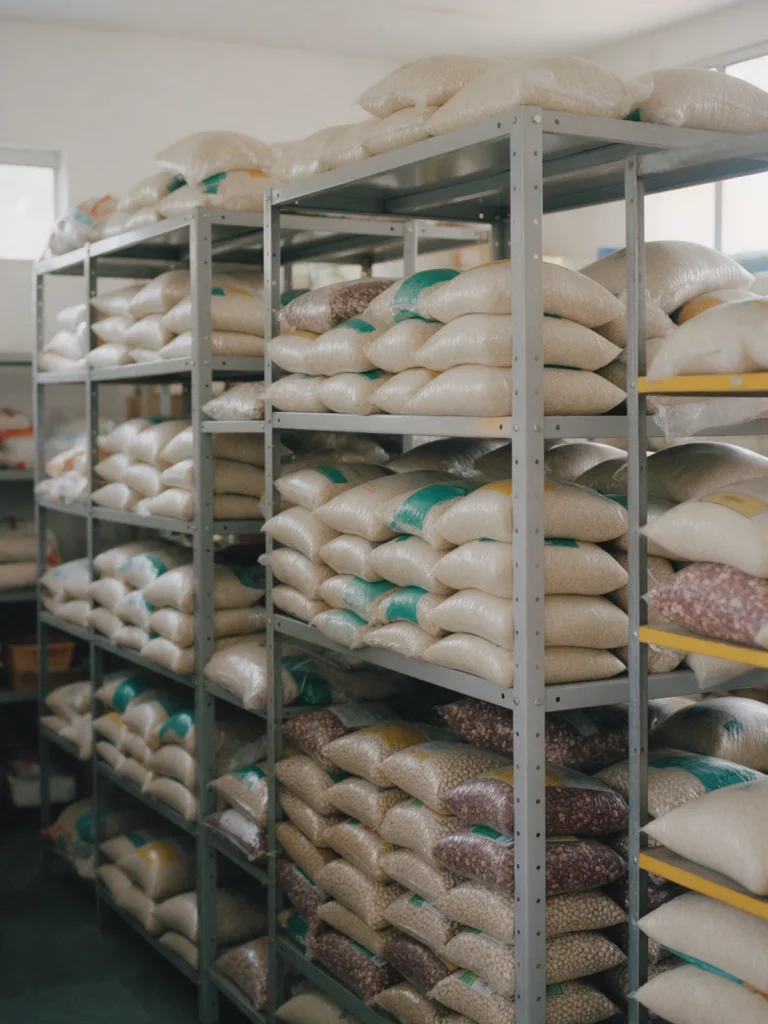 Prateleiras de um centro comunitário com arroz e feijão