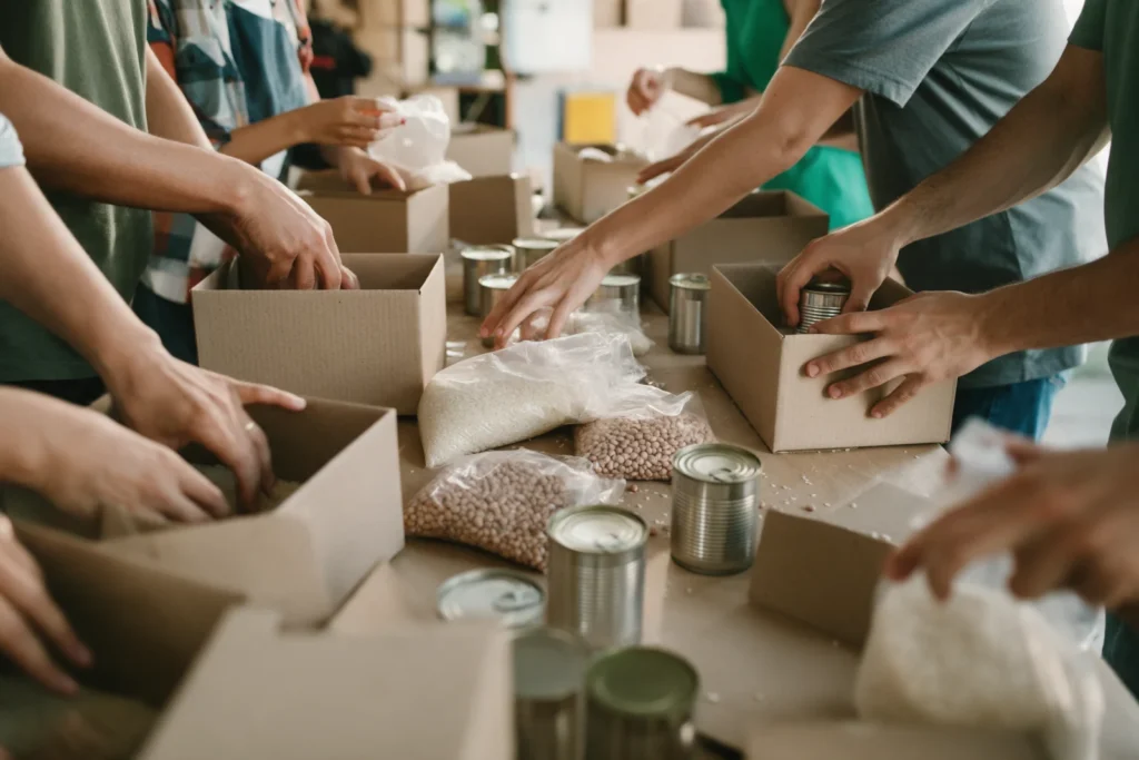 Mãos de voluntários montando caixas de doação com arroz, feijão e enlatados
