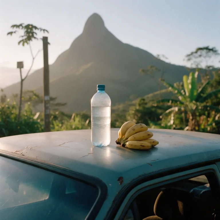 Garrafa de água e bananas sobre o teto de um carro no início da trilha