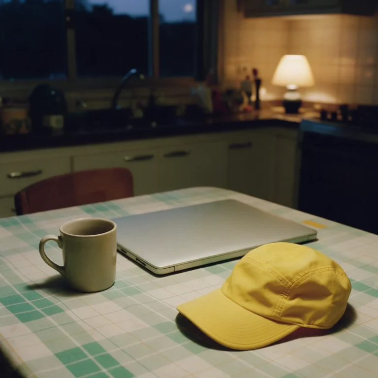 Caneca, notebook e boné de corrida na mesa da cozinha de madrugada