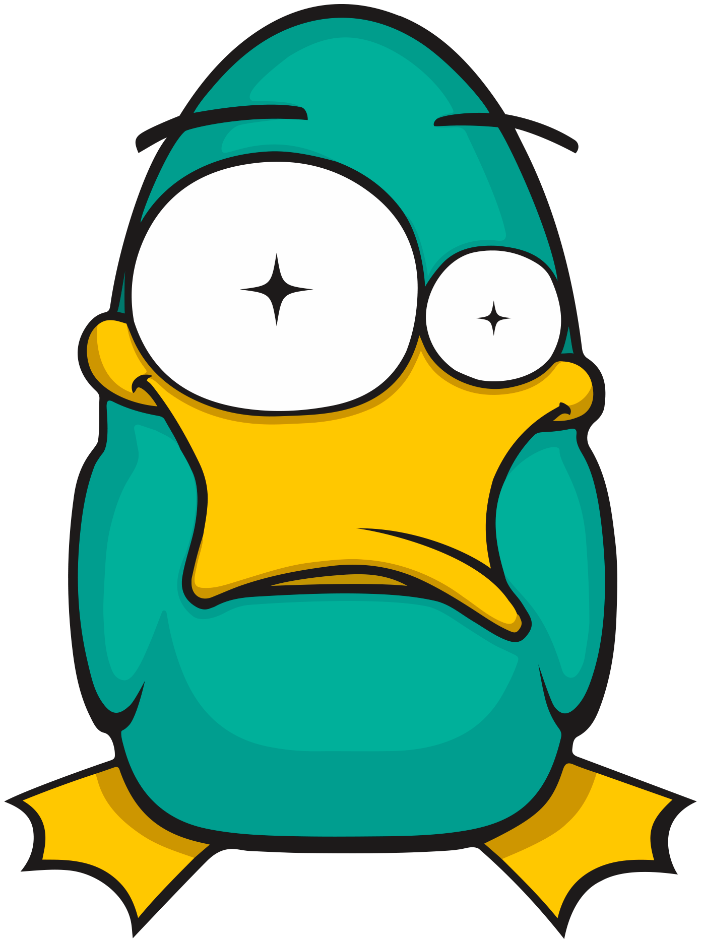 Mascote do Patoloko, um pato verde com olhos arregalados