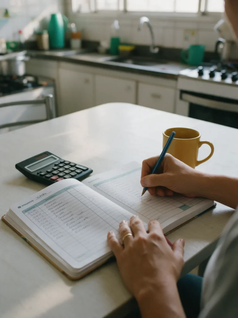 Mãos anotando o orçamento da casa em um caderno na mesa da cozinha