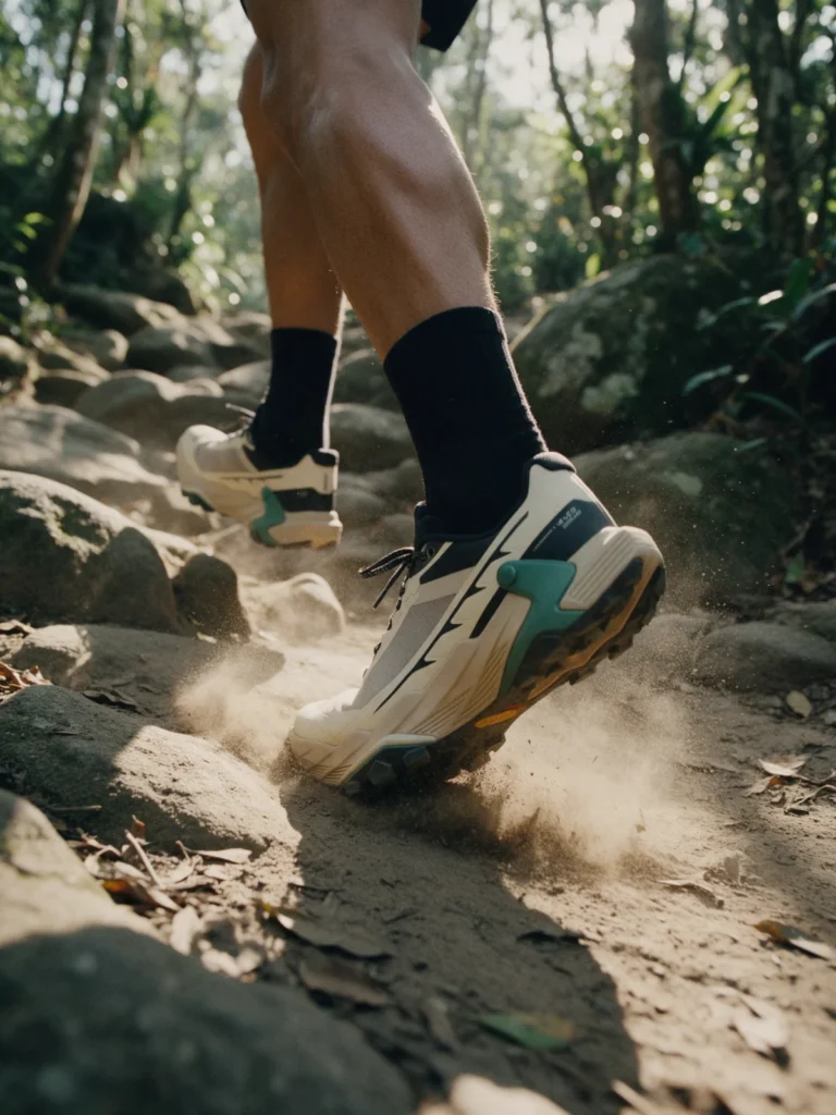 Tênis de trail running em trilha de pedras na mata atlântica
