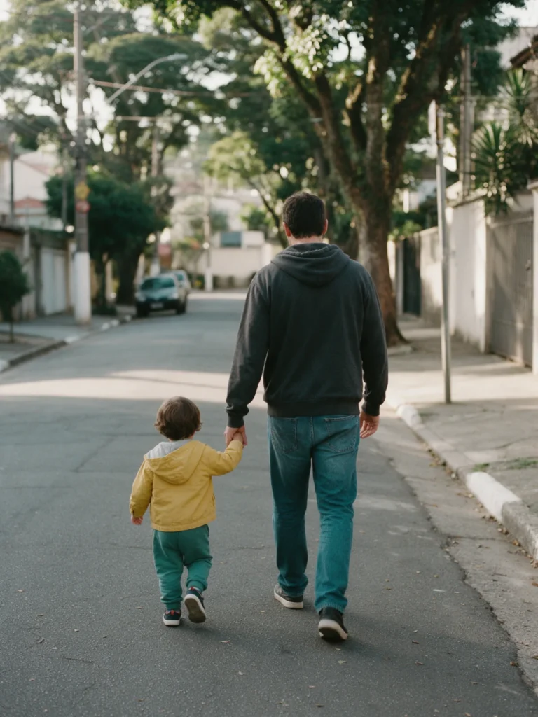 Pai e filho pequeno de mãos dadas caminhando em uma rua arborizada, de costas