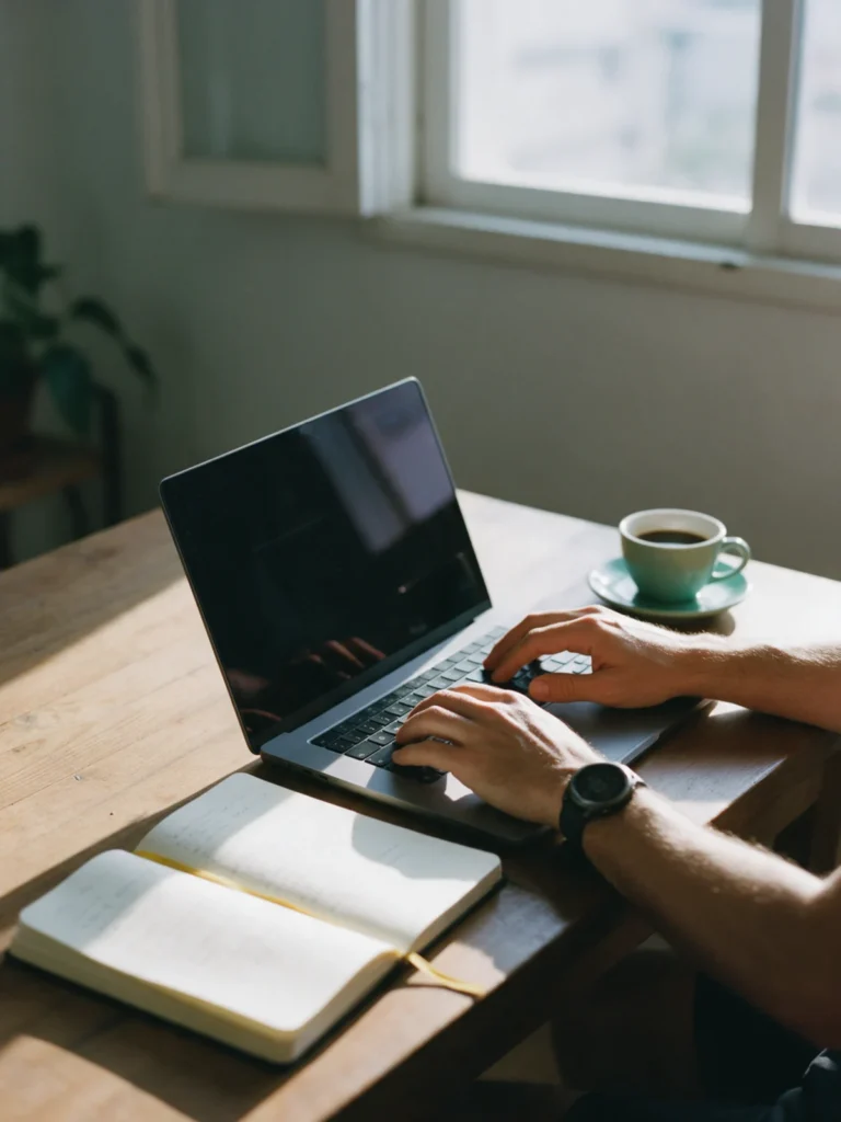 Mãos em um notebook com café e caderno em mesa de madeira de manhã cedo
