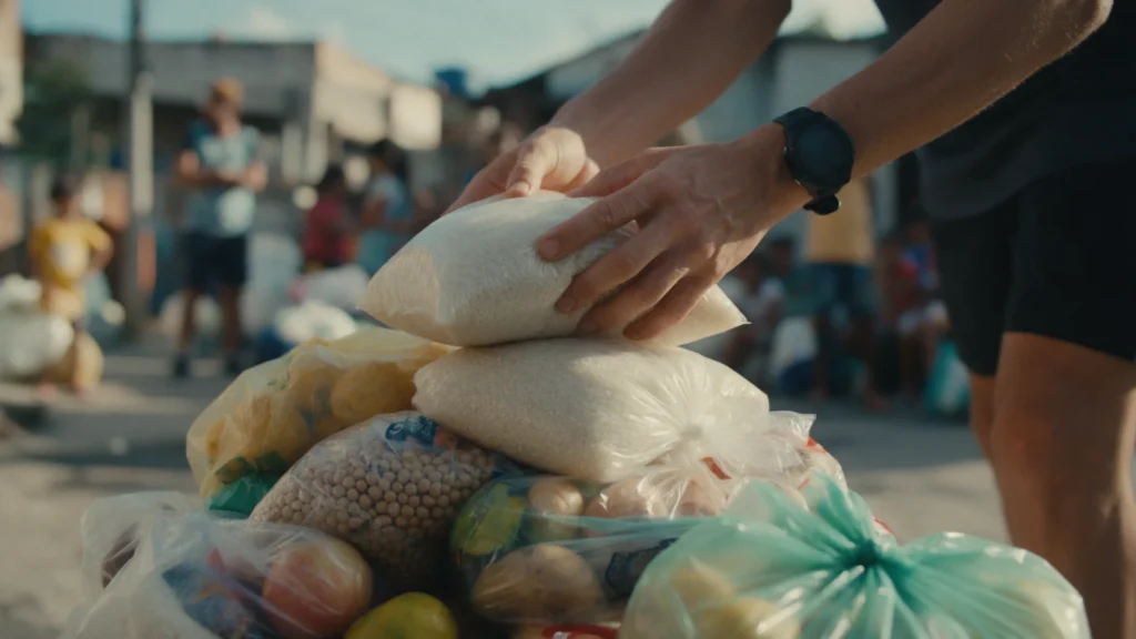 Mãos de corredor colocando um saco de arroz sobre alimentos doados