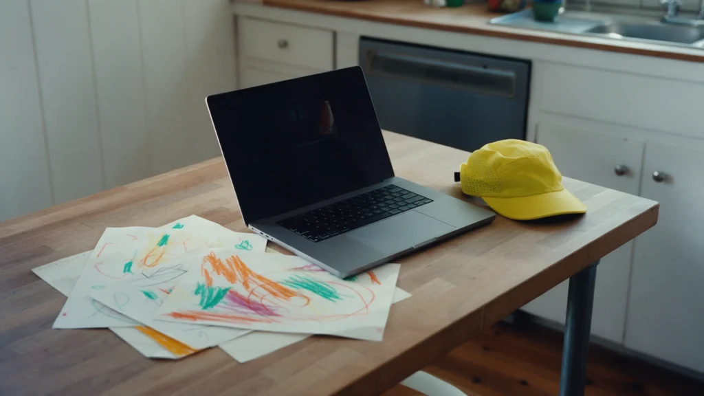 Notebook aberto na mesa da cozinha ao lado de desenhos de criança e um boné